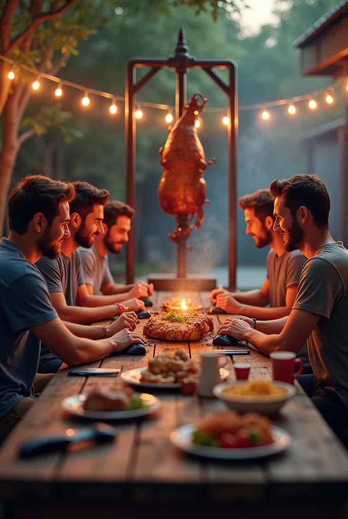 an image for a whatsapp group that has 5 characters playing dota and eating barbecue, only men, on a long table with 5 gaming PCs, and a pig roasting in the background on the spit
