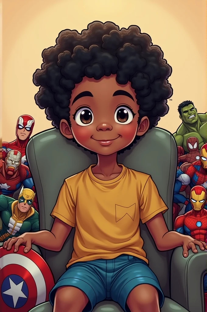 I want a picture of a black boy with curly hair,  with Marvel action figures around him and him sitting in a chair with the title “astro collects“.