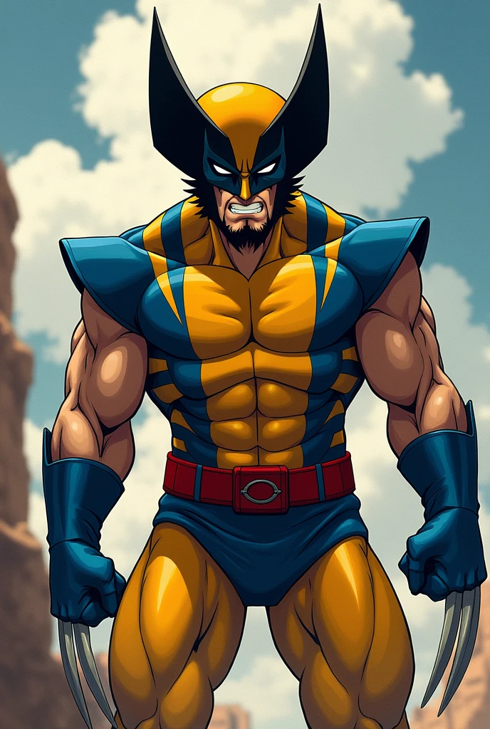 anime version of classic wolverine from marvel comics, classic blue and yellow suit from marvel comics