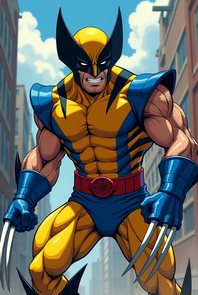 anime version of classic wolverine from marvel comics, classic blue and yellow suit from marvel comics