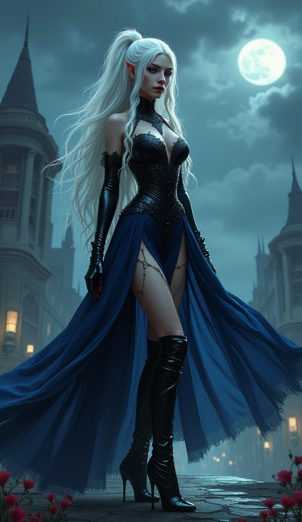anime comic illustration fantasy art, gothic art, (masterpiece:1.5), full body best details, highly detailed, best quality, Glowing Red, highres, full body portrait of a vampire, elf (Masterpiece, best quality: 1.6), ultra feminine, wizard, (intricate details, Masterpiece, best quality: 1.5) with a long curvy hair, light color hair, red eyes, busty, ((beautiful delicate face)), Ultra Detailed Face (intricate details, fantasy art, Masterpiece, best quality: 1.5), ((vampiric fangs 1.5)) (blue cloak: 1.3) , flowing cloak (intricate details, fantasy art, Masterpiece, best quality: 1.3), wearing an intricate (black: 1.4) intricate leather dress (intricate details, fantasy art, Masterpiece, best quality: 1.5), high heeled boots, fantasy urban background (intense details, beat details), fantasy, at night light, natural ,moon light, clouds, gothic atmosphere, soft light, dynamic light, [[anatomically correct]], high details, best quality, 8k, [ultra detailed], masterpiece, best quality, (extremely detailed), dynamic angle