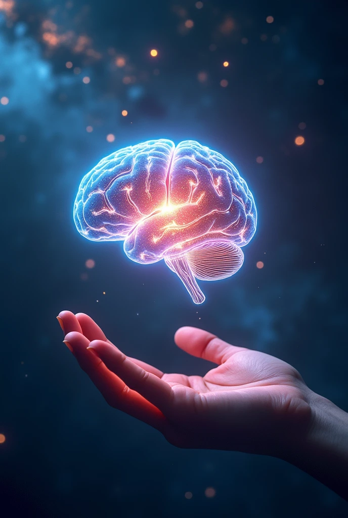 a transparent, glowing brain floats above an open hand. background d'une galaxie. dominant colors: blue and purple (best quality, 4K, 8k,high resolution) (realistic,photo) (Dimension : 300 x 100 pixels)
