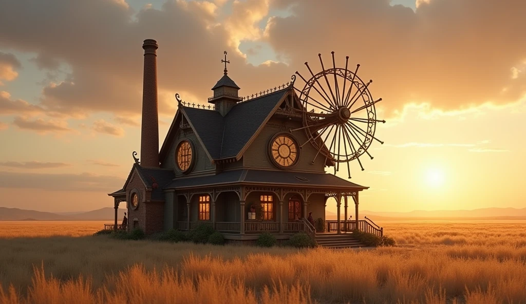 "prompt": "A realistic, high-definition photograph of a solitary steampunk-style house situated in the middle of vast, open plains. The house is an intricate blend of Victorian architecture and industrial elements, featuring ornate ironwork, large gears, and brass pipes integrated into its design. Tall, narrow chimneys emit faint wisps of smoke, and round, riveted windows catch the warm glow of the setting sun. The exterior of the house is a mix of weathered brick and polished metal, with a large, rotating windmill on one side. The expansive plains around the house stretch into the distance, covered in golden grass that sways gently in the breeze. The late afternoon light bathes the scene in a soft, amber hue, casting long shadows and highlighting the unique details of the house. The sky above is a gradient of warm oranges and purples, adding to the serene, otherworldly atmosphere.",
"size": "1024x1024"
}
```