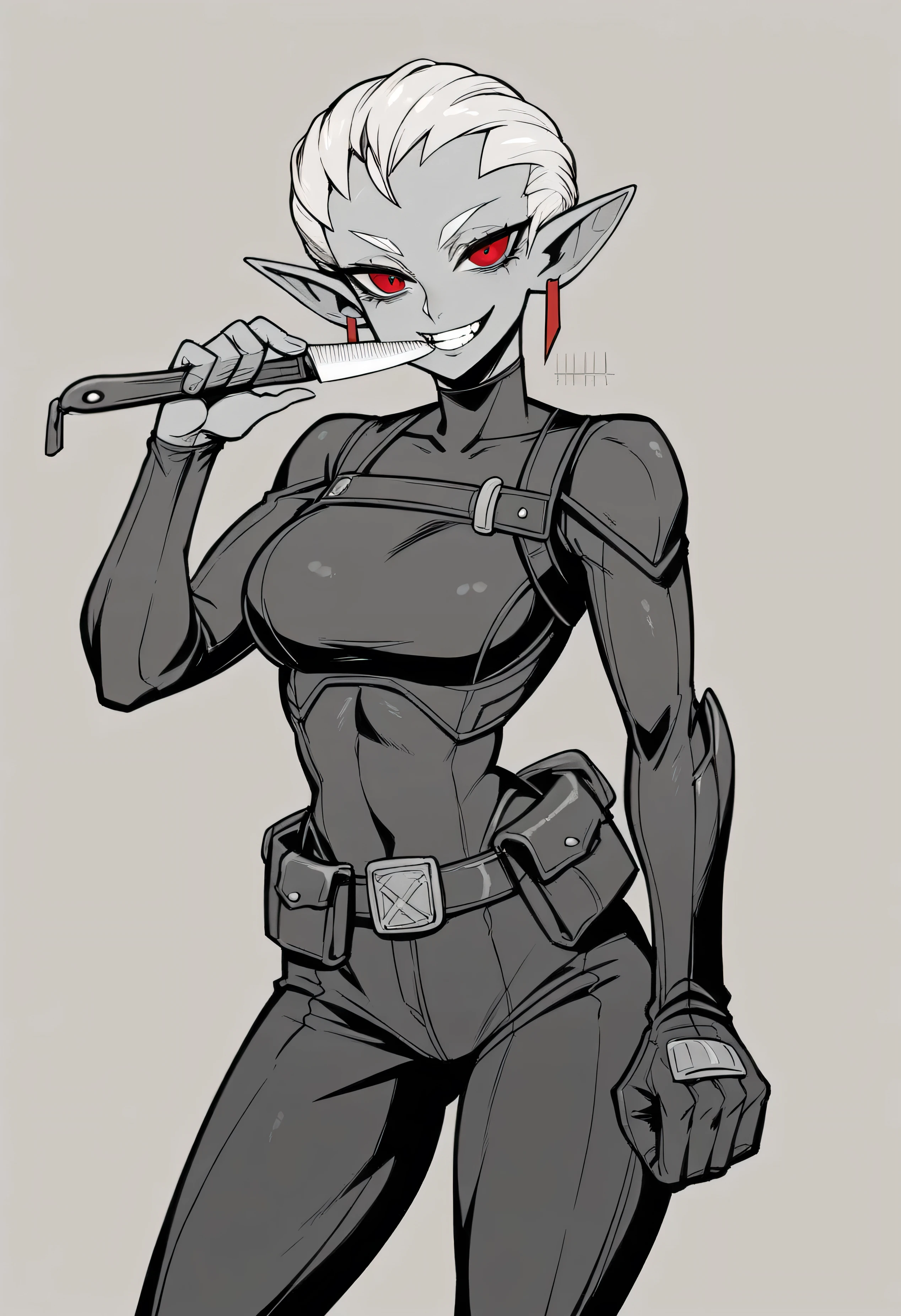 {4k image}, 1 Beautiful female humanoids, gray skin, pointed ear, shaving hair, red rond eyes,fit athletic build,black and white bodycon jumpsuit, high-tech armor,she armed, , dimple,,manga lineart (with colors), {face view}, {centered image}, dark, sadic evil smile ,belt around the waist, alien gun