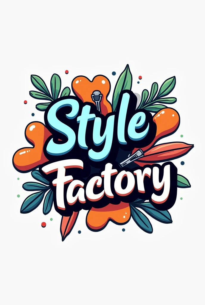 Logo for a barbershop with the name "Style Factory" that is creative and fresh for young people with abstract shapes and animated style That contains the word "Style Factory" less colores,less , more cartoon style