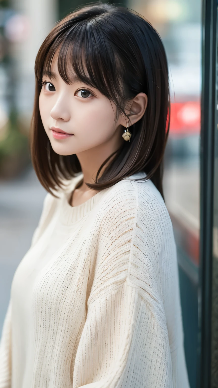 Portraiture、masterpiece:1.3、one person's、Baby Face、Natural look、very cute、Brown Hair、Short Bob、Small red earrings、Fuller lips、No makeup、White T-shirt、Focus on the face、最high quality、High resolution、Very detailed、high quality、Detailed explanation、8k、(((Blurred Background、White wall、White Background、White world、Flower illustration、Flower illustrationの壁、壁にFlower illustration、Flower illustrationが描いてある壁、Photo studio:1.5、Cinema Lighting、Professional Photographer)))