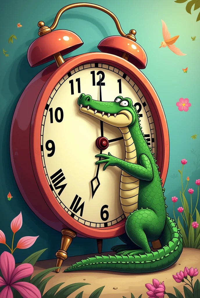 Cartoon of a clock with a crocodile inside simulating the hands of the clock