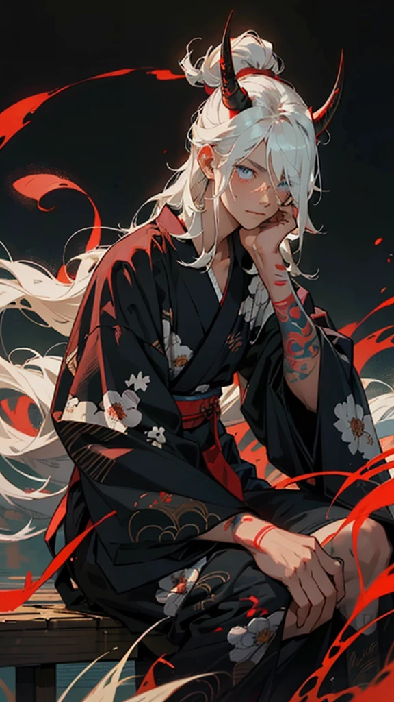1male, masculine, ((mature)), sharp feature, masterpiece, ultra detailed, sharpened, white hair, long hair, messy hair, blue eyes, red yukata, ((red tattoos)) black underclothing, ((horns)), (old japan background), detailed background, expressionless, emotionless, old japan town background, spider lillies, red spider lilly, dark atmosphere, dark background, ((detailed eyes)), detailed face, illuminated eyes, dynamic lighting