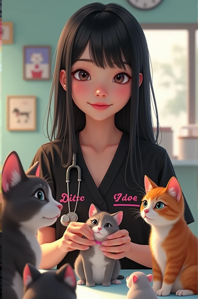 Veterinarian girl with straight black hair all straight hair down ,black doctor pajamas , small lips, Wide nose, small eyes,with pink letters and with animals