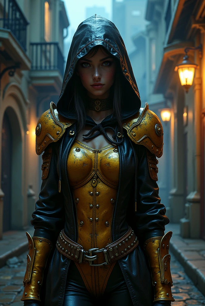 Hyperrealistic airbrush ING, 3D effect ultra-detailed intricate details full HD alley night window,  intricate stairs, , epic fantasy, hooded cute lady,, slim Armor golden and black  intricate details insanely , portrait, high quality unreal engine, vibrant color Gothic raincoat leather, , epic fantasy, league of legends style concept art, horror concept art, dramatic angle, extreme angle shot, silhouette, vibrant color grading, extreme close-up, expressive  eyes , high-angle shot
