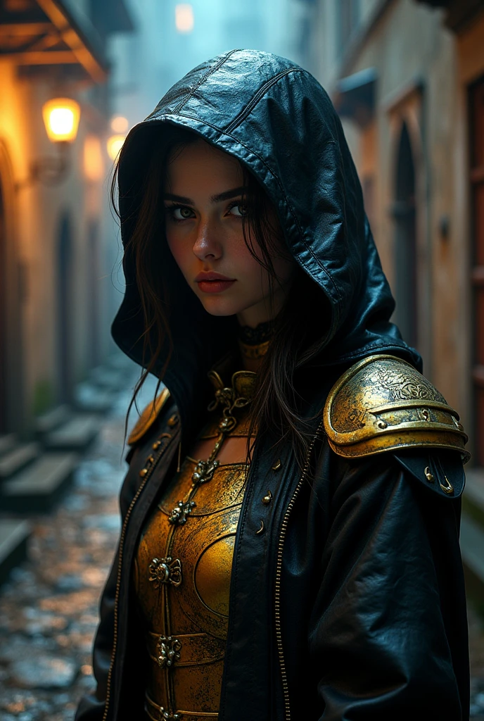 Hyperrealistic airbrush ING, 3D effect ultra-detailed intricate details full HD alley night window, intricate stairs, , epic fantasy, hooded cute lady,, slim Armor golden and black intricate details insanely , portrait, high quality unreal engine, vibrant color Gothic raincoat leather, , epic fantasy, league of legends style concept art, horror concept art, dramatic angle, extreme angle shot, silhouette, vibrant color grading, extreme close-up, expressive eyes , high-angle shot