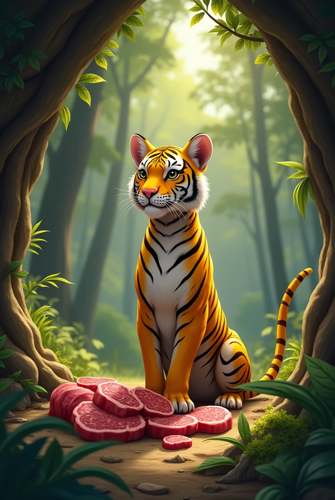 A skinny yellow tiger,Store lots of steaks in the cave,Cute realistic style,Background forest