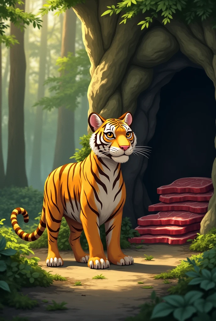 A skinny yellow tiger,Store lots of steaks in the cave,Cute realistic style,Background forest