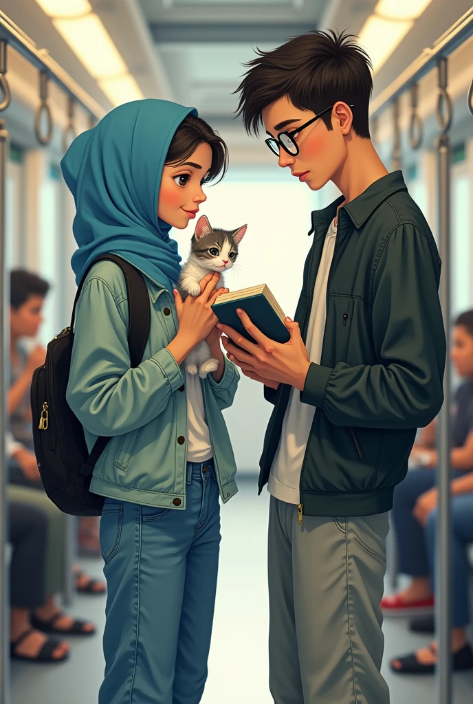 Une fille de 20 ans avec hidjab stylé bleue ciel aux yeux vert miel, avec une veste et une jean et des baskets blanches, prend un chaton blanc et gris et ragarde son amoureux.

Son amoureux de 20 ans a une tête rectangle, cheveux RASÉS et une barbe légère et porte des lunettes carrées avec des SANDALES noires, un pantalon large gris et une chemise et il lit un livre sur l'électronique

Je précise il porte une CHEMISE chemise 
il est débout avec des sandales

Dans un métro 