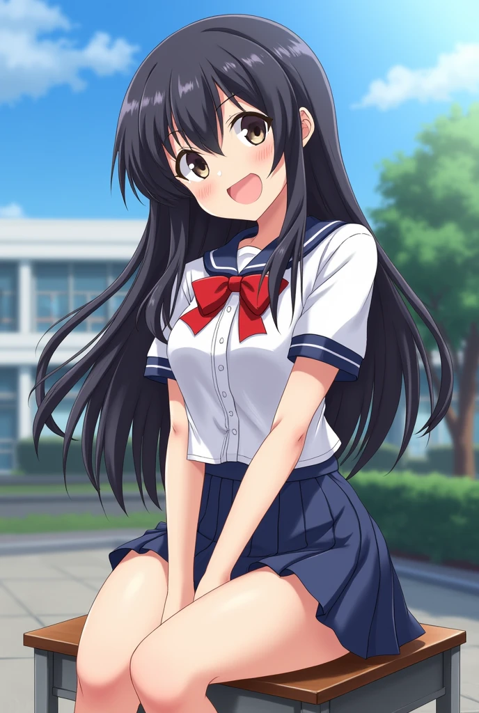 blacklongloose, flowingbluelargecoquettish smileJapanese school uniformwhite short-sleeve blousered bow tiematching skirtsitting on a school desk, legs crossed, looking at the viewer with a coquettish smileschoolyardblue sky, some treesanimehigh quality, detailed