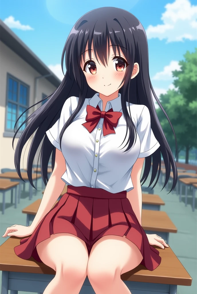 blacklongloose, flowingbluelargecoquettish smileJapanese school uniformwhite short-sleeve blousered bow tiematching skirtsitting on a school desk, legs crossed, looking at the viewer with a coquettish smileschoolyardblue sky, some treesanimehigh quality, detailed