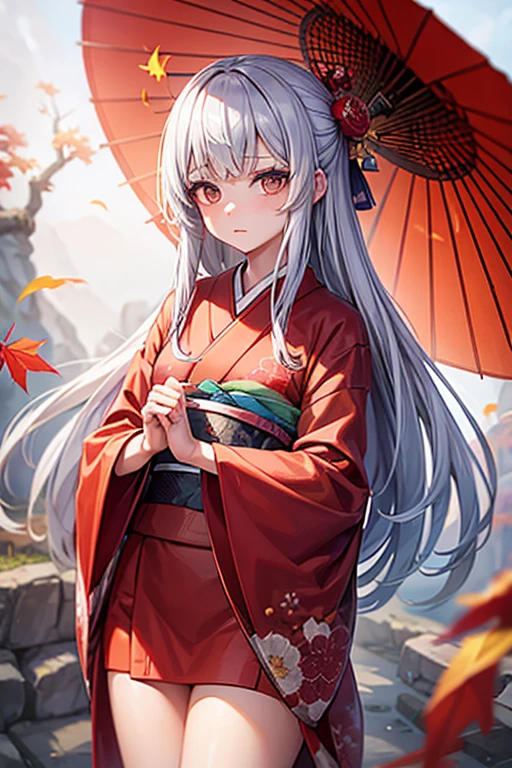 A girl in a vibrant Japanese kimono, expressionless, silver hair, long hair, Japanese umbrella, autumn leaves, fallen leaves