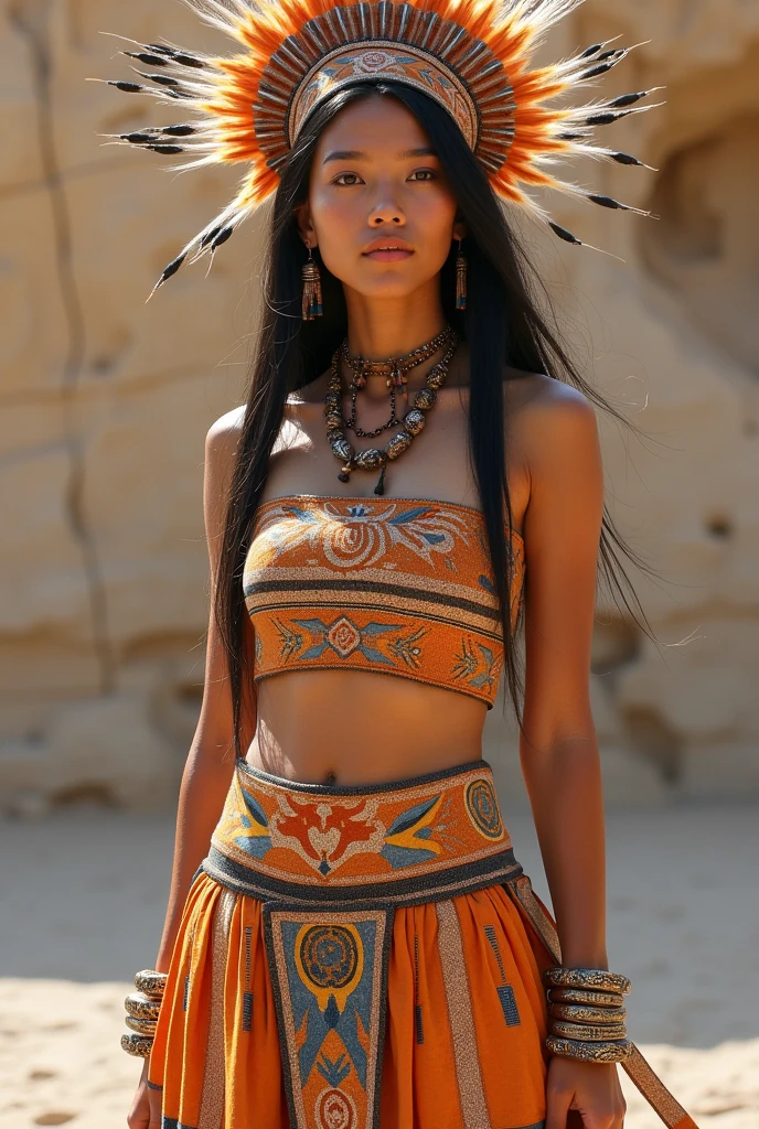 A crop top and short skirt design with a headdress inspired by current events but representing guane rock art in fabric