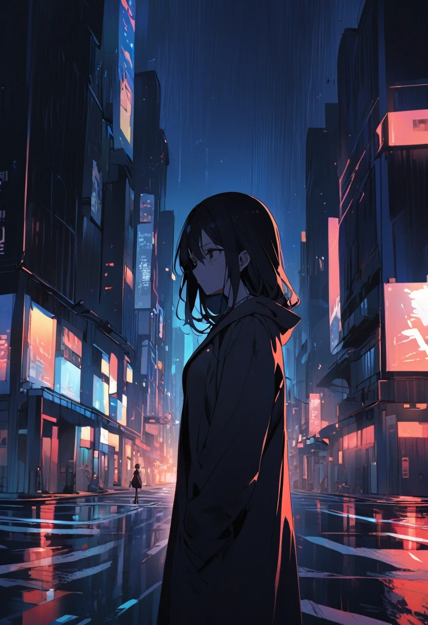 A sad woman standing at a deserted intersection in the middle of the night