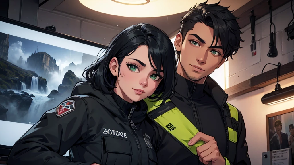 1 handsome young man in his early 20s, green eyes, detailed eyes, olive skin, mid length black hair combed to one side, playful smile, tall, athletic body, black winter jacket, cargo pants, winter lounge, snowy mountain (best quality,8k,highres,masterpiece:1.2),ultra-detailed,(realistic,photorealistic,photo-realistic:1.37),portrait,studio lighting,sharp focus,physically-based rendering,vivid colors,cold lighting