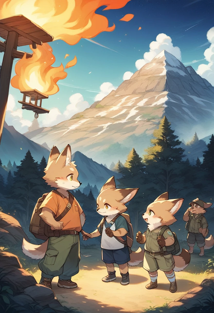 rating_safe, score_9, score_8_up, score_7_up, score_6_up, score_5_up, score_4_up, hires, source_furry(kemono, furry anthro, group shot, 1boy, 1girl)Campsite in the mountains, camp-fire, night sky(Photo of family trip),