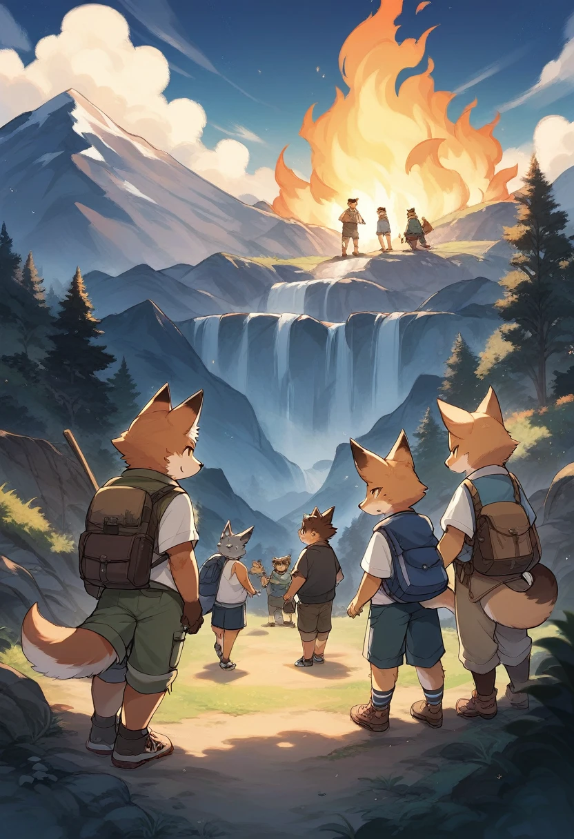 rating_safe, score_9, score_8_up, score_7_up, score_6_up, score_5_up, score_4_up, hires, source_furry(kemono, furry anthro, group shot, 1boy, 1girl)Campsite in the mountains, camp-fire, night sky(Photo of family trip),