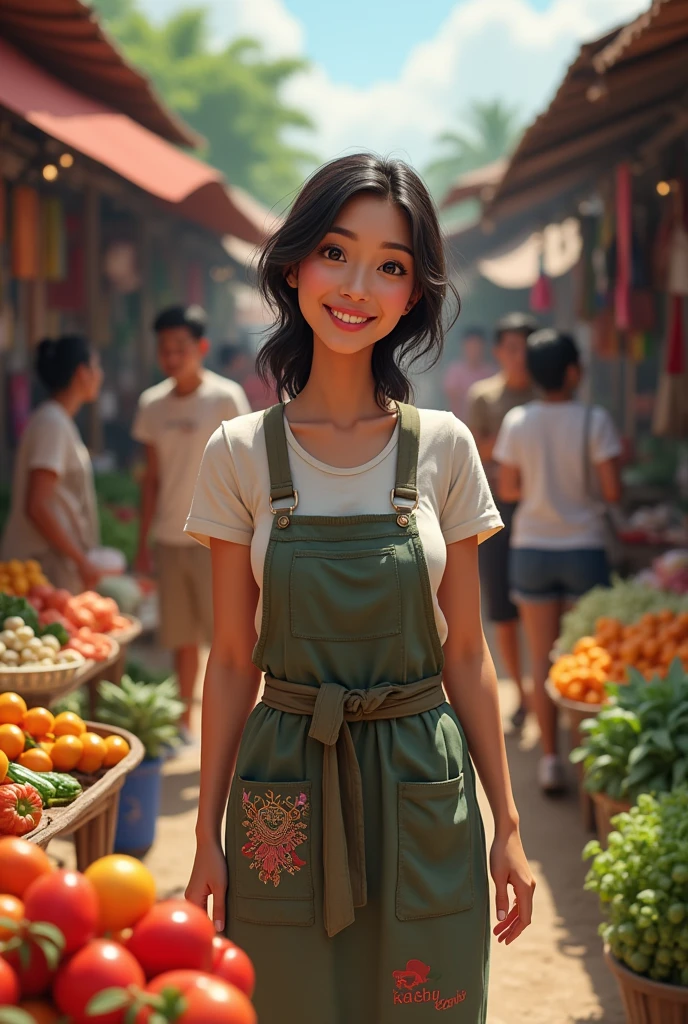 Casual Filipino white woman in a market with apron 