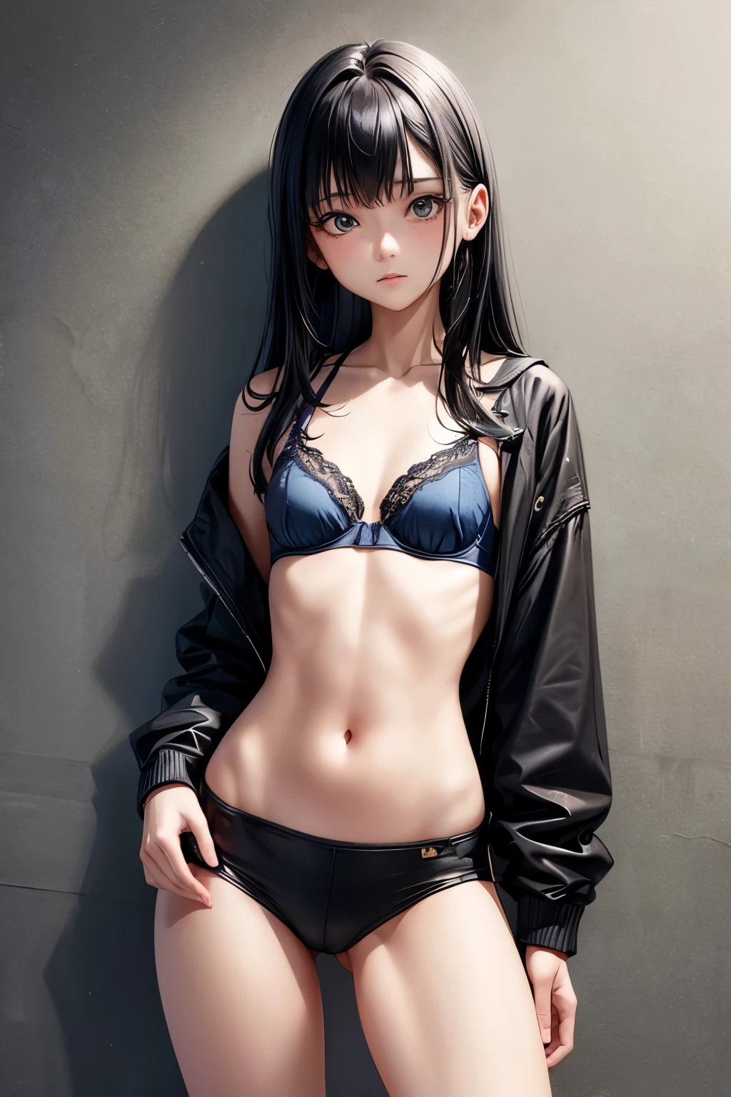 20-year-old woman，Black Hair，Blue Bra，Very small breasts，Flat Chest，Supermodel，whole body，Standing facing forward