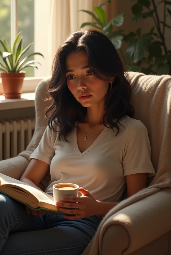 40 year old woman, Hispanic with shoulder-length black hair and dark brown eyes, In the living room of her house sitting on the single armchair drinking coffee and reading a book