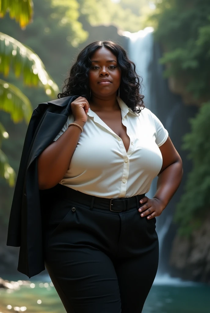 a fat black intersex person in an environment that conveys lightness and beauty (tropical or with waterfall), wearing a white short sleeve blouse, black tailored pants and a black blazer resting on the left shoulder. series, mas imponente, sexy without being vulgar