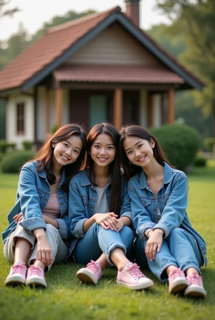 3 Beautiful Indonesian Women, his body is quite fat, fair skin, big nose, long wavy hair, wearing a denim jacket, long pants, wearing pink sneakers, sitting on the grass, happy faces all facing the camera, in front of the country house, morning mood, minimal defects, very detail, realistic, 8K picture