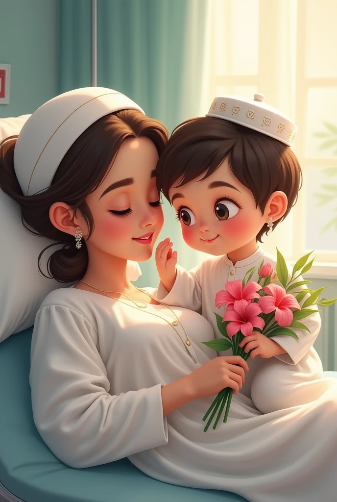 A beautiful girl 20 years old she is reclining on a pillow in a medical, a man who is 2 he is wearing white panjabi, white pajama and Islamic hat in his right hand some flowers he is giving those flowers to her and she is smiling