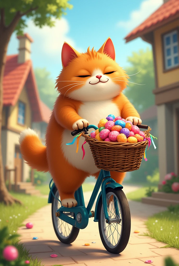 Fat cat arrives on a bicycle with a basket full of candy to celebrate the return of his kitten.