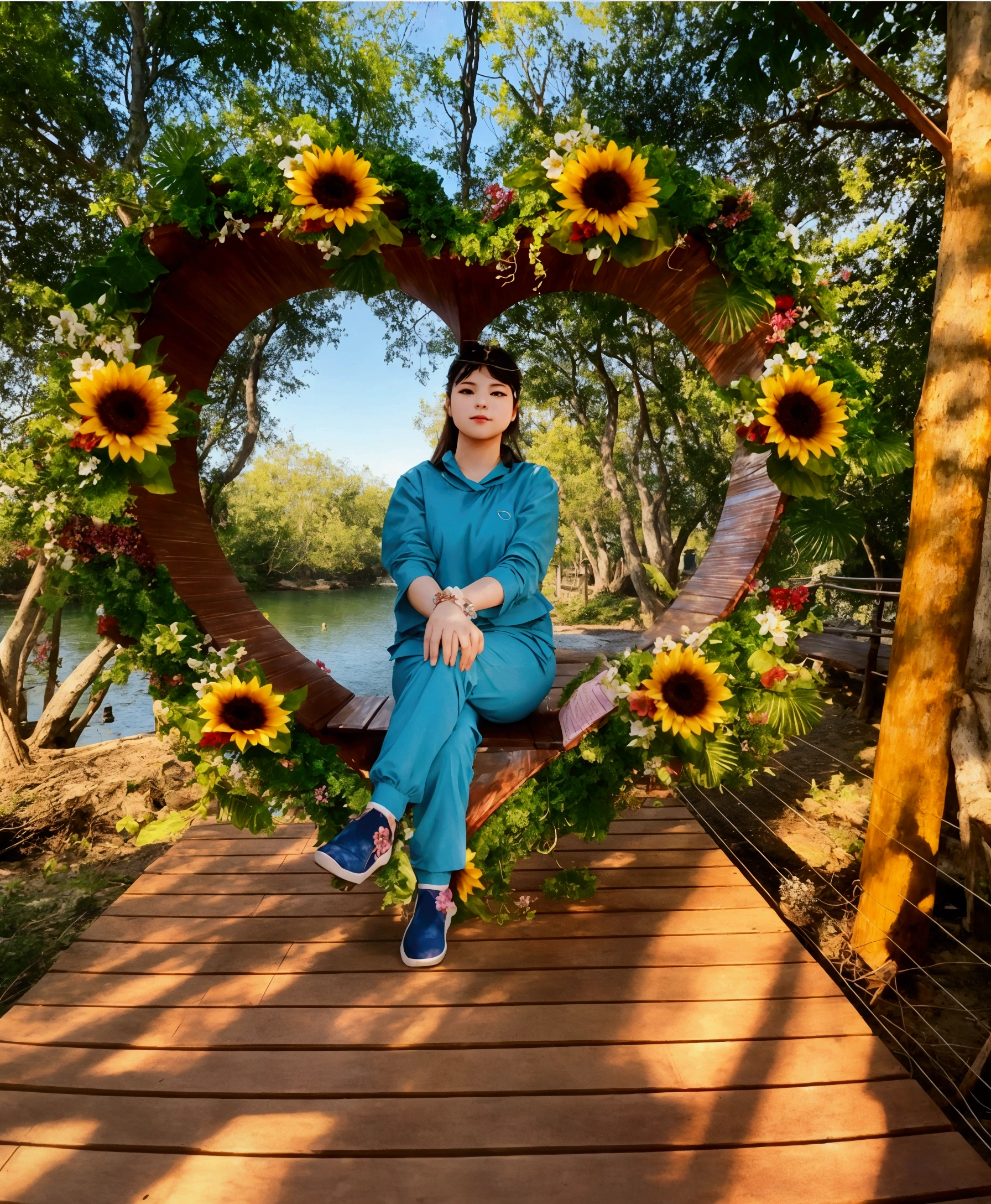 Girl sitting on a bench, bench in flowers, beautiful girl in blue suit
