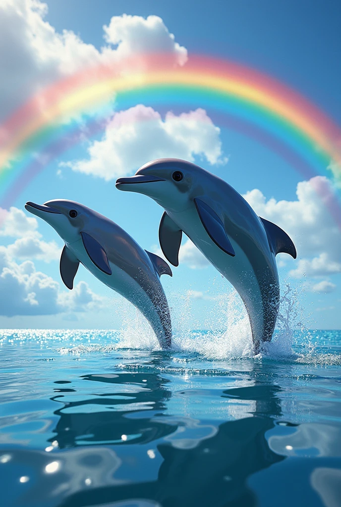 Two dolphins jumping out of the water. A rainbow in the background. Lots of glitter and bright colors. Many reflections