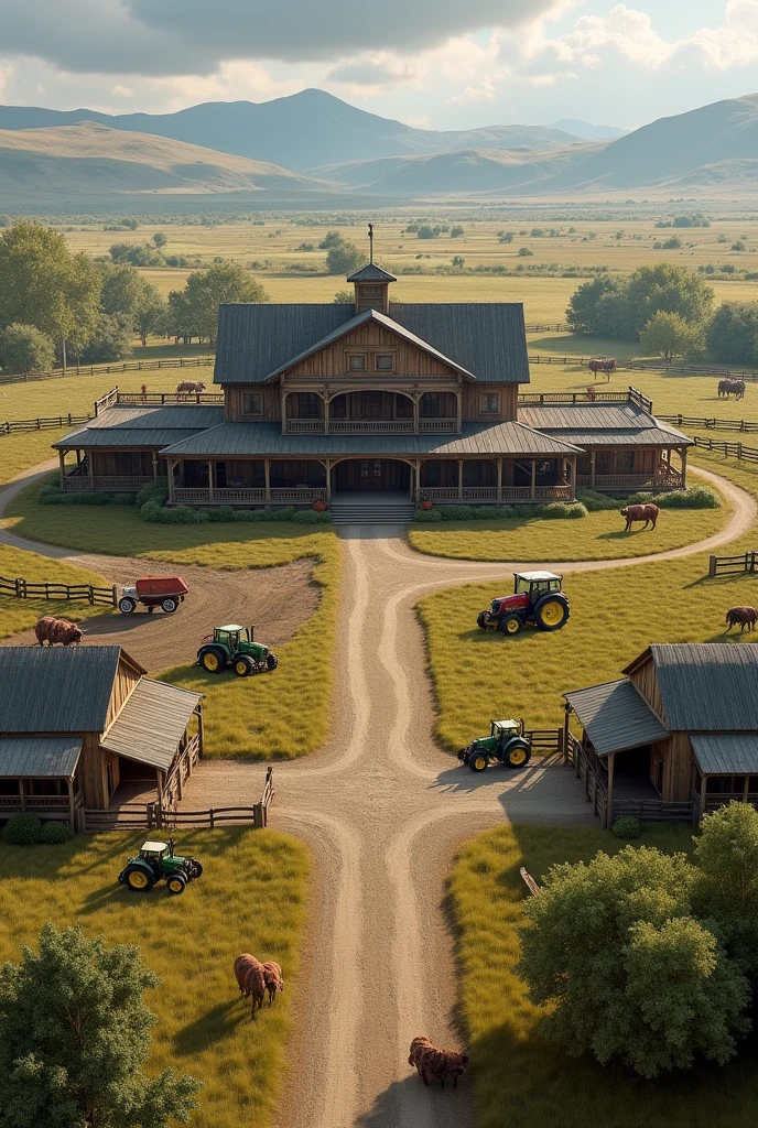 Make a farm with a large house inspired by John Dutton's house and with Tractors, Oxen, Sheep, Barns, Corral inspired by John Dutton's