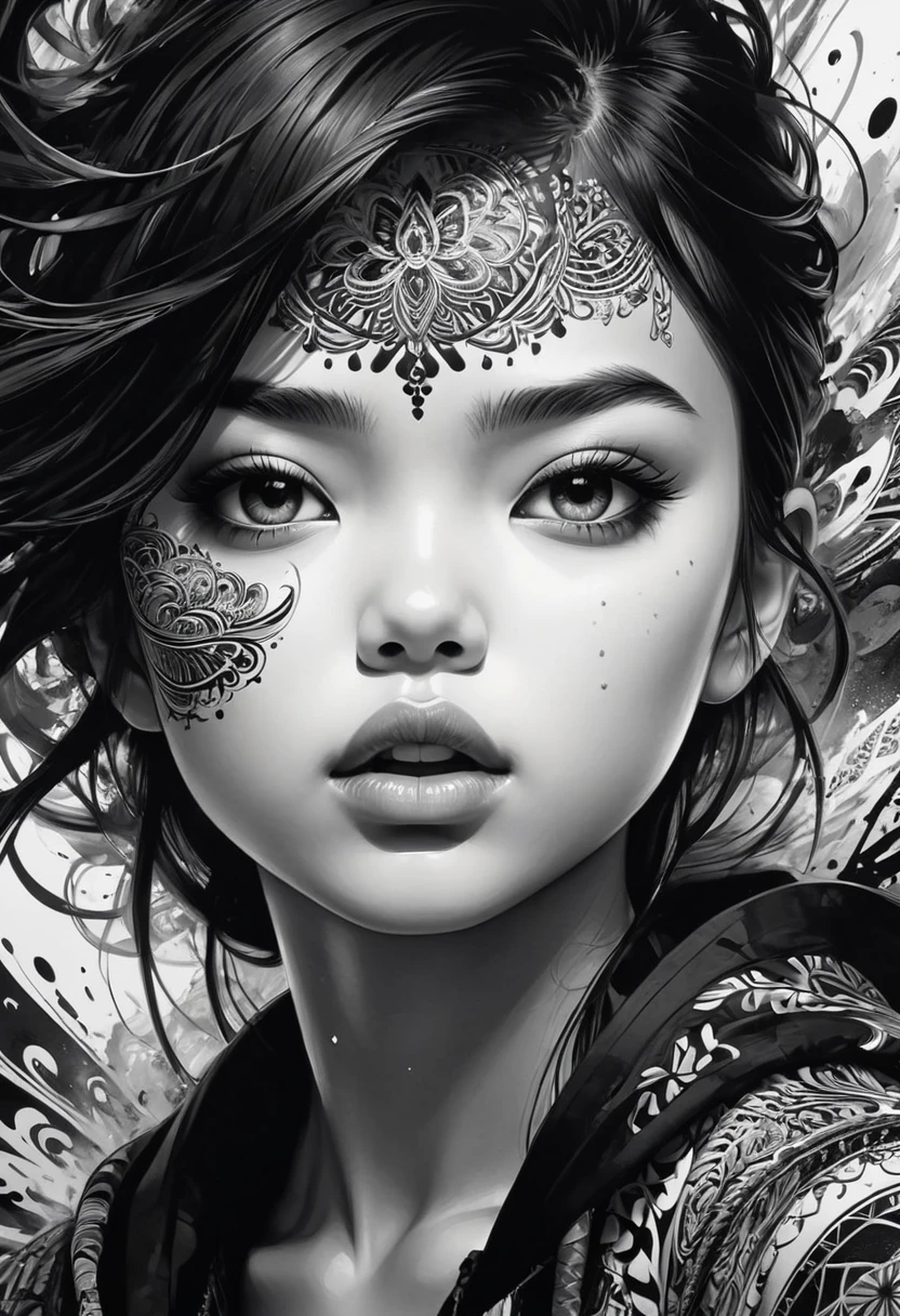 1girl, A girl in black and white ink drawing with hyperrealistic details and intricate patterns, captured in a mid-shot, showcasing dramatic expression and a 2/3 face angle. The artwork is characterized by bold and expressive brushstrokes that create a splash art effect. The image is of the highest quality, with a resolution of 4k or 8k, showcasing ultra-detailed features. It has a hyperrealistic, almost photographic quality. The art style is reminiscent of concept art, with a focus on capturing the essence of the subject. The contrast between black and white reflects a stark and impactful visual representation. The lighting is carefully crafted to enhance the intricacies and dynamic nature of the artwork.