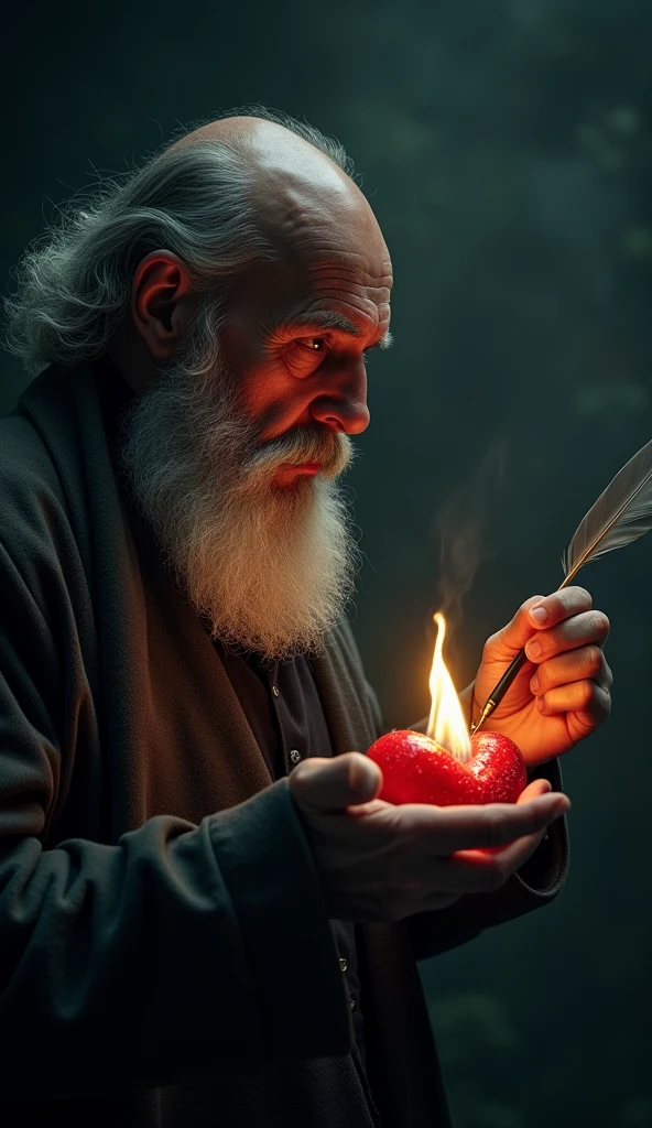 Man with a quill pen in one hand and a burning heart in the other. Bald man, bearded, offwhite. dark. cinematographic. writing a book.
