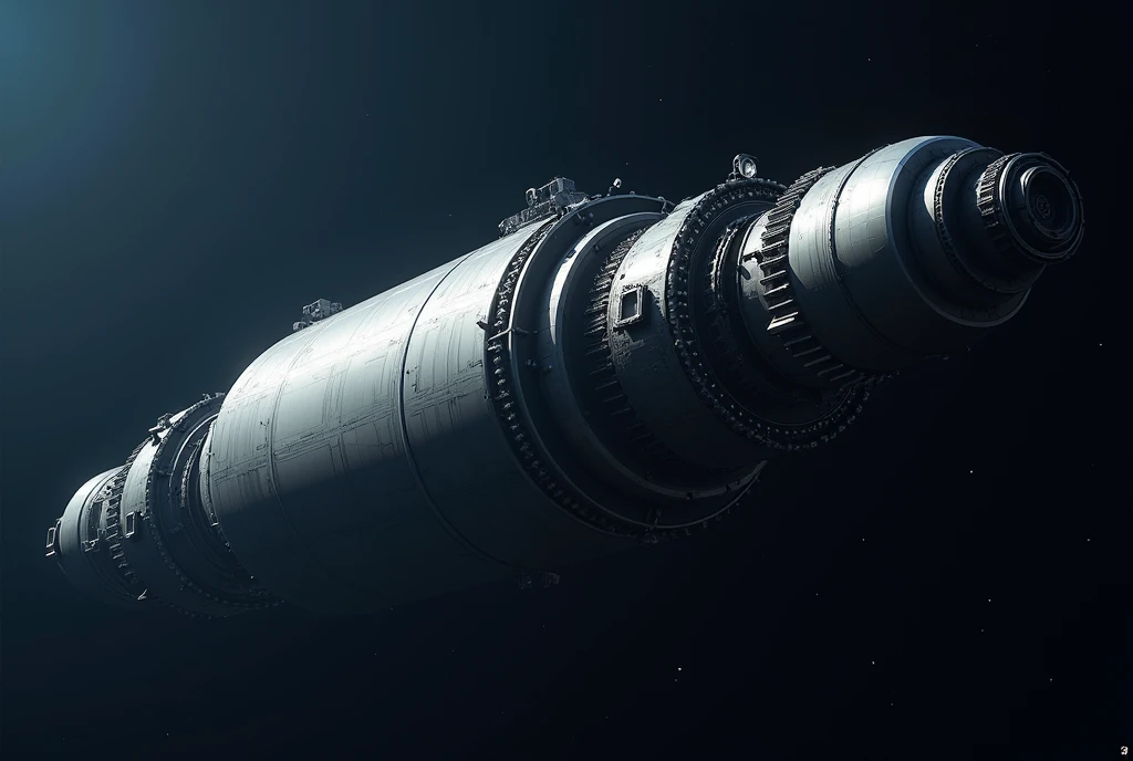 **Hyperdetailed Cylindrical Space Colony:**
- **Structure**: A massive, elongated cylinder floating in space. Its length is 5-6 times its diameter.
- **Exterior**: Smooth, reflective metallic surface with visible solar panels and radiators along the sides.
- **Ends**: Each end has a large circular cap, possibly with docking ports.
- **Scale**: The colony should appear at least 100 times larger than any nearby spacecraft.
- **Lighting**: Sunlight is coming from one side, creating a gradient from light to shadow across the curve.
- **Perspective**: The cylinder is viewed at a slight angle, highlighting its cylindrical shape. Not viewed directly from the side or end.
**Background:**
- **Space**: A dark blue space background, not black.
- **Exclusion**: Absolutely no stars, planets, nebulae, or any other objects in the background.
**Style:**
- **Photorealistic**: High contrast, sharp details. Not cartoonish or stylized.
**Exclusions:**
- **No Interior Views**: Do not include any internal structures or cutaways.
- **No Other Objects**: No other space stations, ships, or objects should be included.
- **No Text or Labels**: No text, labels, or annotations on the image.