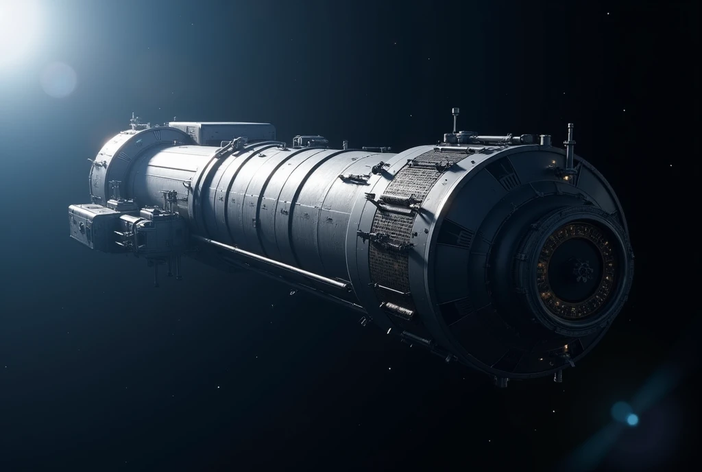 **Hyperdetailed Cylindrical Space Colony:**
- **Structure**: A massive, elongated cylinder floating in space. Its length is 5-6 times its diameter.
- **Exterior**: Smooth, reflective metallic surface with visible solar panels and radiators along the sides.
- **Ends**: Each end has a large circular cap, possibly with docking ports.
- **Scale**: The colony should appear at least 100 times larger than any nearby spacecraft.
- **Lighting**: Sunlight is coming from one side, creating a gradient from light to shadow across the curve.
- **Perspective**: The cylinder is viewed at a slight angle, highlighting its cylindrical shape. Not viewed directly from the side or end.
**Background:**
- **Space**: A dark blue space background, not black.
- **Exclusion**: Absolutely no stars, planets, nebulae, or any other objects in the background.
**Style:**
- **Photorealistic**: High contrast, sharp details. Not cartoonish or stylized.
**Exclusions:**
- **No Interior Views**: Do not include any internal structures or cutaways.
- **No Other Objects**: No other space stations, ships, or objects should be included.
- **No Text or Labels**: No text, labels, or annotations on the image.