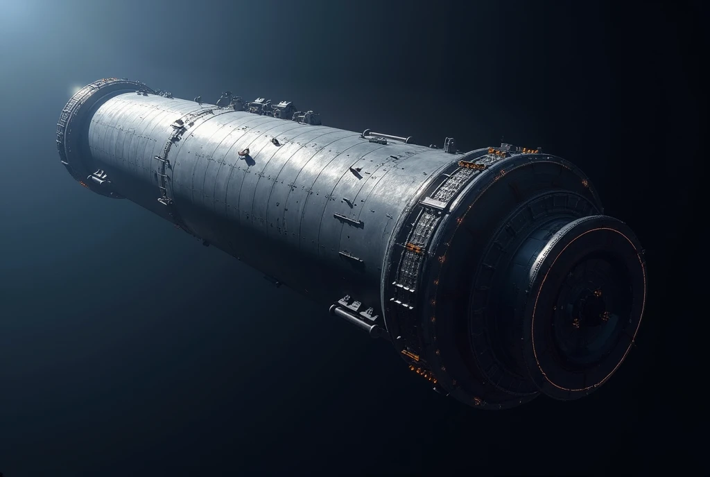 **Hyperdetailed Cylindrical Space Colony:**
- **Structure**: A massive, elongated cylinder floating in space. Its length is 5-6 times its diameter.
- **Exterior**: Smooth, reflective metallic surface with visible solar panels and radiators along the sides.
- **Ends**: Each end has a large circular cap, possibly with docking ports.
- **Scale**: The colony should appear at least 100 times larger than any nearby spacecraft.
- **Lighting**: Sunlight is coming from one side, creating a gradient from light to shadow across the curve.
- **Perspective**: The cylinder is viewed at a slight angle, highlighting its cylindrical shape. Not viewed directly from the side or end.
**Background:**
- **Space**: A dark blue space background, not black.
- **Exclusion**: Absolutely no stars, planets, nebulae, or any other objects in the background.
**Style:**
- **Photorealistic**: High contrast, sharp details. Not cartoonish or stylized.
**Exclusions:**
- **No Interior Views**: Do not include any internal structures or cutaways.
- **No Other Objects**: No other space stations, ships, or objects should be included.
- **No Text or Labels**: No text, labels, or annotations on the image.