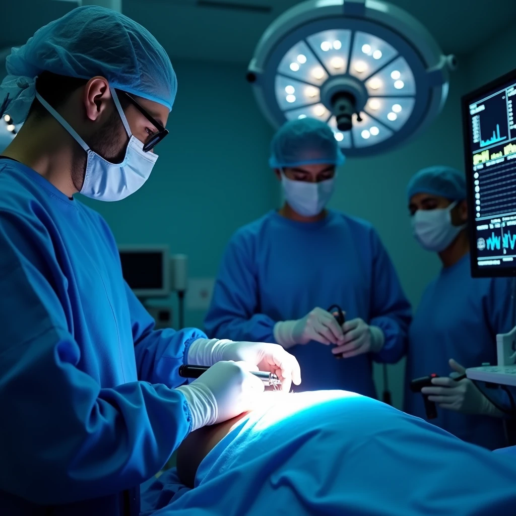 Image Description:

The image should focus on a modern operating room, with a surgeon performing an electrosurgery procedure. En el centro de la imagen, the surgeon is holding an electrosurgical scalpel, emitting a small bluish spark, indicating the accuracy of the cut. The operating area is illuminated, with a faint blue glow suggesting the use of electrical energy.

ao redor, you should see the electrosurgical equipment connected to the table, with a monitor showing vital signs and graphs that 