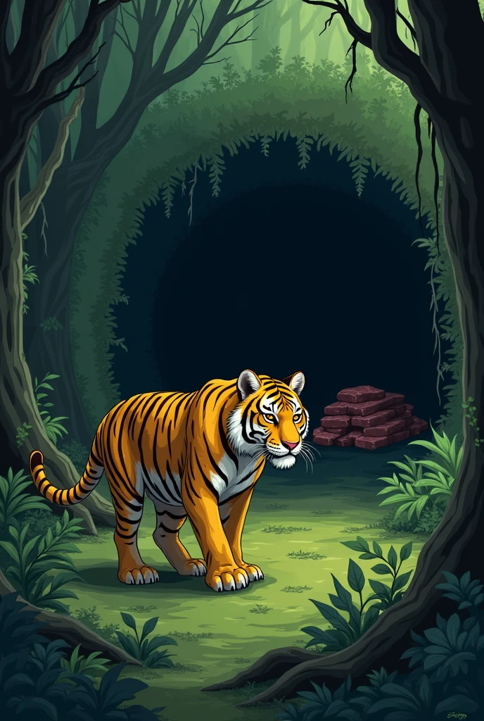 A thin yellow tiger,Malnutrition,Store lots of steaks in the cave,Cute realistic style,Background forest