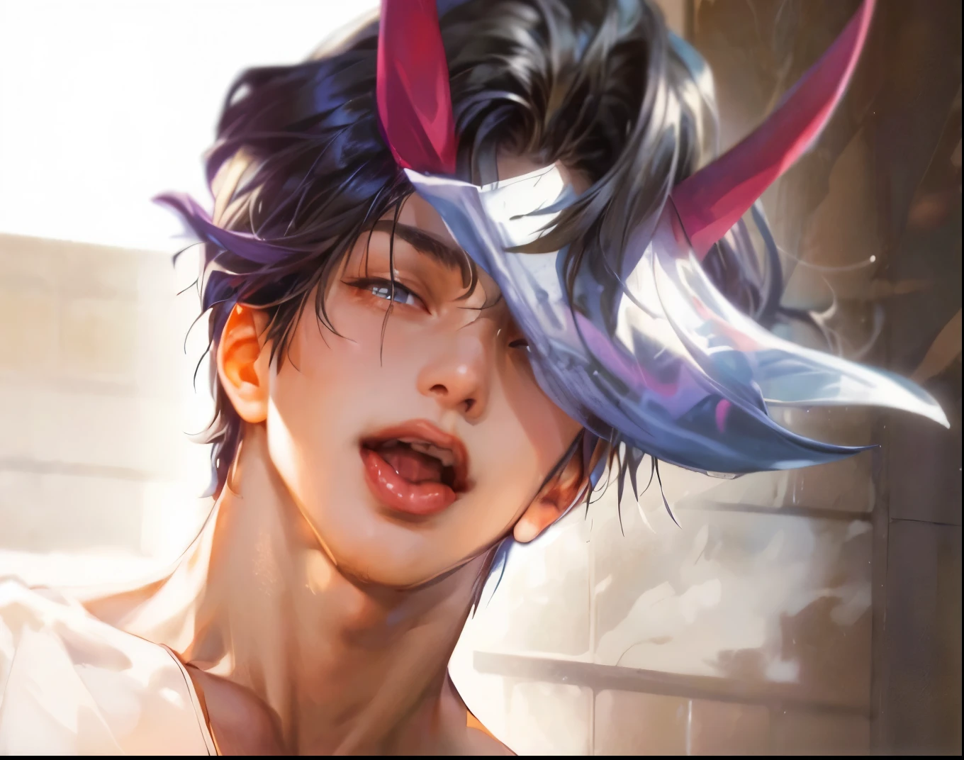 ((Best quality)), ((masterpiece)), (details), ((perfect face)), ((half body)) handsome face, male, tongue sticking out, boy, billion perfect ratio, and lover, long hair, male version, detailed workshop background, detailed landscape background