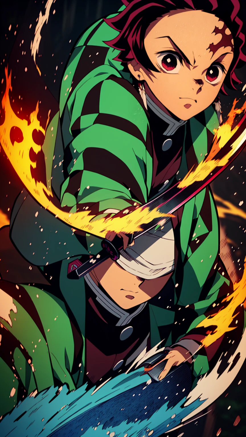 High resolution, Anime Art Wallpapers 8K, A magnificent composition, Fight, Anime character holding a sword against a fire and water background, haze, Cute guy in Demon slayer art, Demon slayer Art Style, Demon slayer ルイ ファンアート, Amazing anime 8k, Demon slayer, anime key art, 4K Manga Wallpapers, Kimetsu no Yaiba, Anime Wallpaper, Ultra-transparent, Super detailed, Very very beautiful, Anime Epic Artwork, Anime Art Wallpapers 8K, Local art
