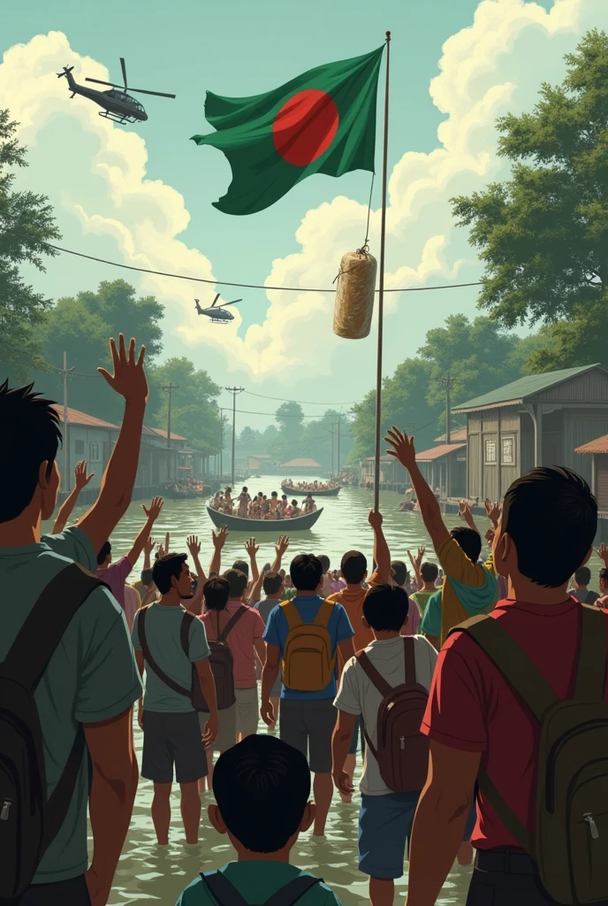 Some peoples are crying in Bangladesh due to flood, they’re asking for food, helicopters are throwing foods and hopeless crying people ar catching the foods,specially some of them waving bangladesh flag(green and red circle),aesthetic view,even some boats are came to help them with full of foods on boats,on the other hand some muslim people carring dead body to burry, animation