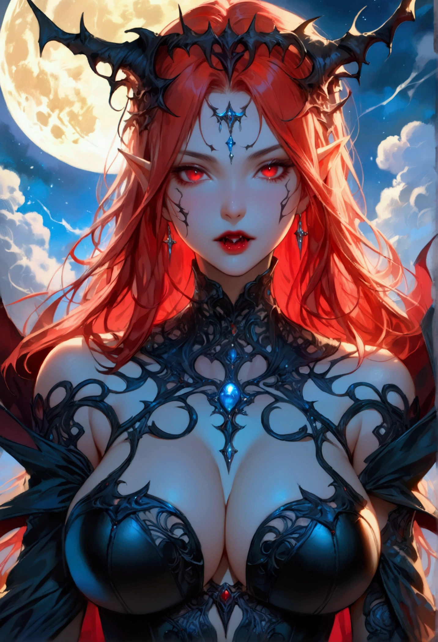 anime comic illustration fantasy art, gothic art, (masterpiece:1.5), full body best details, highly detailed, best quality, Glowing Red, highres, full body portrait of a vampire, elf (Masterpiece, best quality: 1.6), ultra feminine, wizard, (intricate details, Masterpiece, best quality: 1.5) with a long curvy hair, light color hair, red eyes, busty, ((beautiful delicate face)), Ultra Detailed Face (intricate details, fantasy art, Masterpiece, best quality: 1.5), ((vampiric fangs 1.5)) (blue cloak: 1.3) , flowing cloak (intricate details, fantasy art, Masterpiece, best quality: 1.3), wearing an intricate (black: 1.4) intricate leather dress (intricate details, fantasy art, Masterpiece, best quality: 1.5), high heeled boots, fantasy urban background (intense details, beat details), fantasy, at night light, natural ,moon light, clouds, gothic atmosphere, soft light, dynamic light, [[anatomically correct]], high details, best quality, 8k, [ultra detailed], masterpiece, best quality, (extremely detailed), dynamic angle