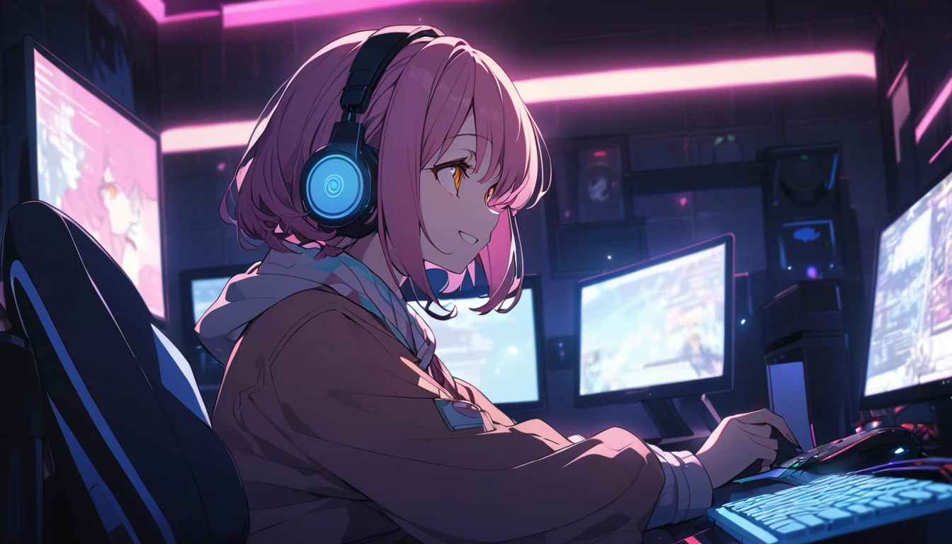 One Woman, Pink Hair, Shortcut hair style, Orange eyes, Slanted Eyes, smile, Wearing headphones, Sitting, Playing computer games on multiple computers, Dimly lit room, 夜、From the side, anime, Very detailed。