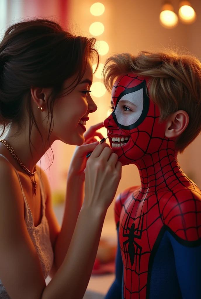 (photorealism:1.2), beautiful woman, Paint a happy boy&#39;s face like a spiderman