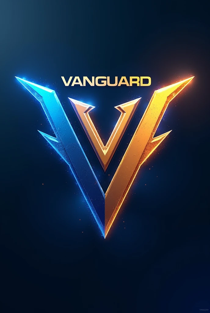 create an e-sports style logo with the letter V,  with small vanguard writing above, with white border but blue and gold logo